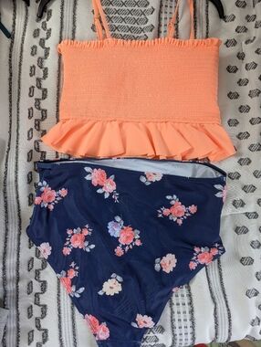 Peach Ruffled Smocked Bikini Top with Navy Floral High-Waist Bottoms,NWOT